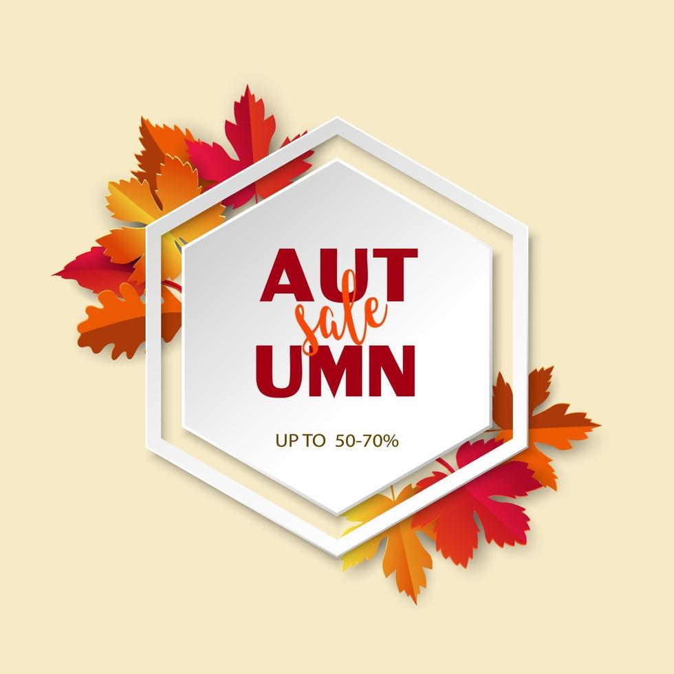 Autumn or fall sale banner background on hexagon shape vector