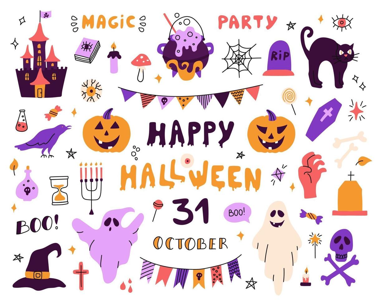 Large set with characters and icons for Halloween. vector