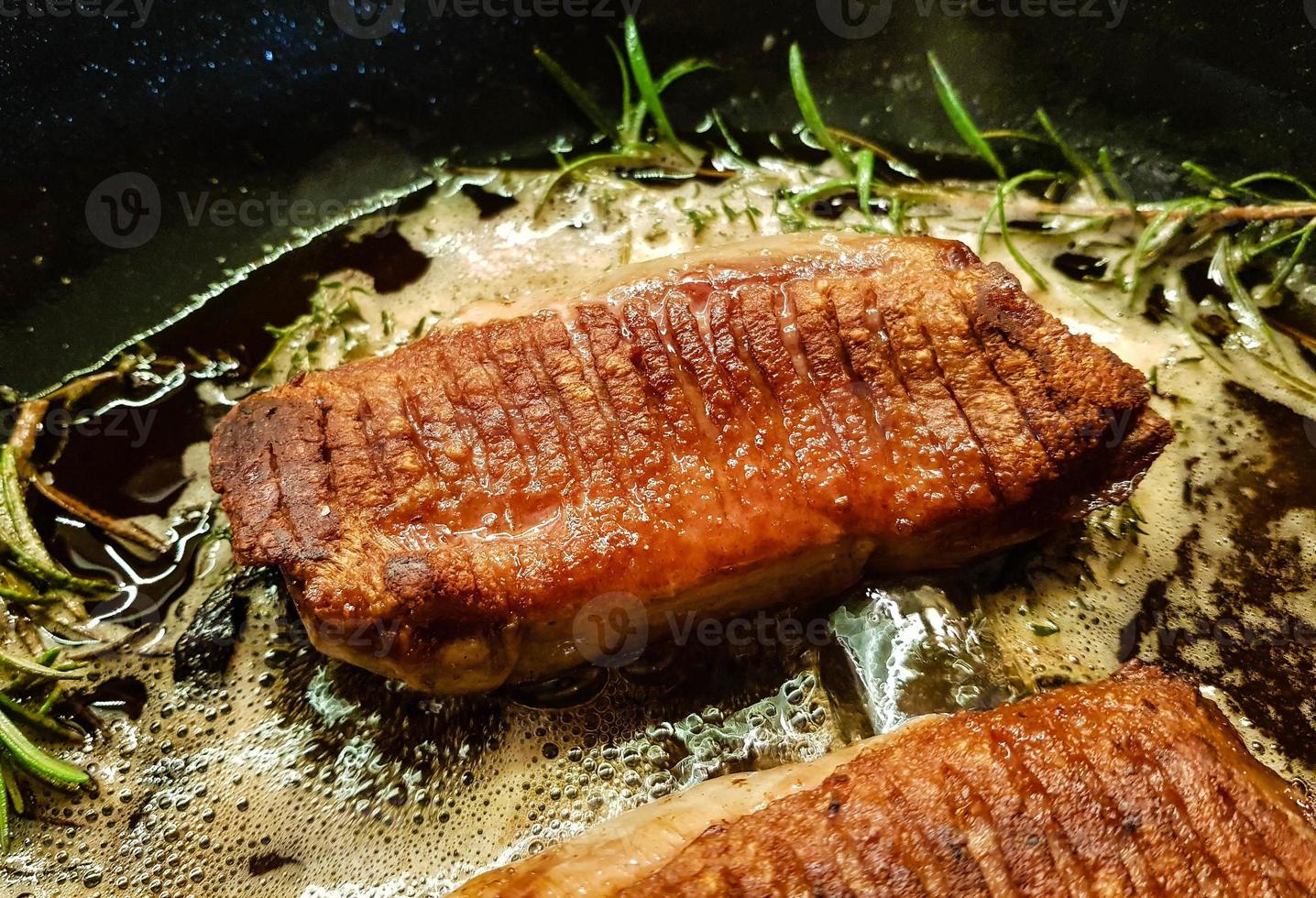 fried Duck breast with saffron risotto photo