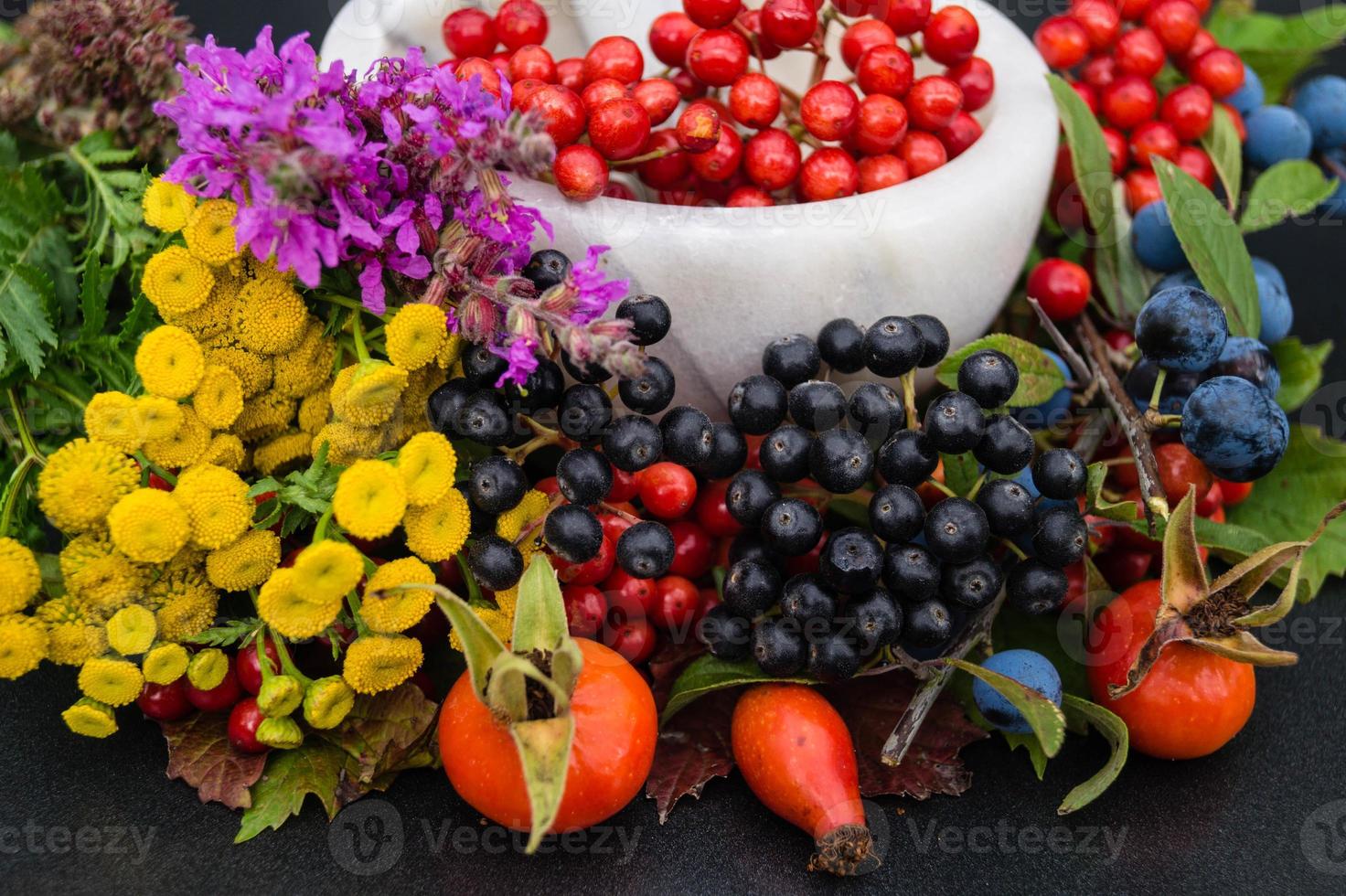 Medicina alternativa con hierbas farmacéuticas frutas y bayas. foto