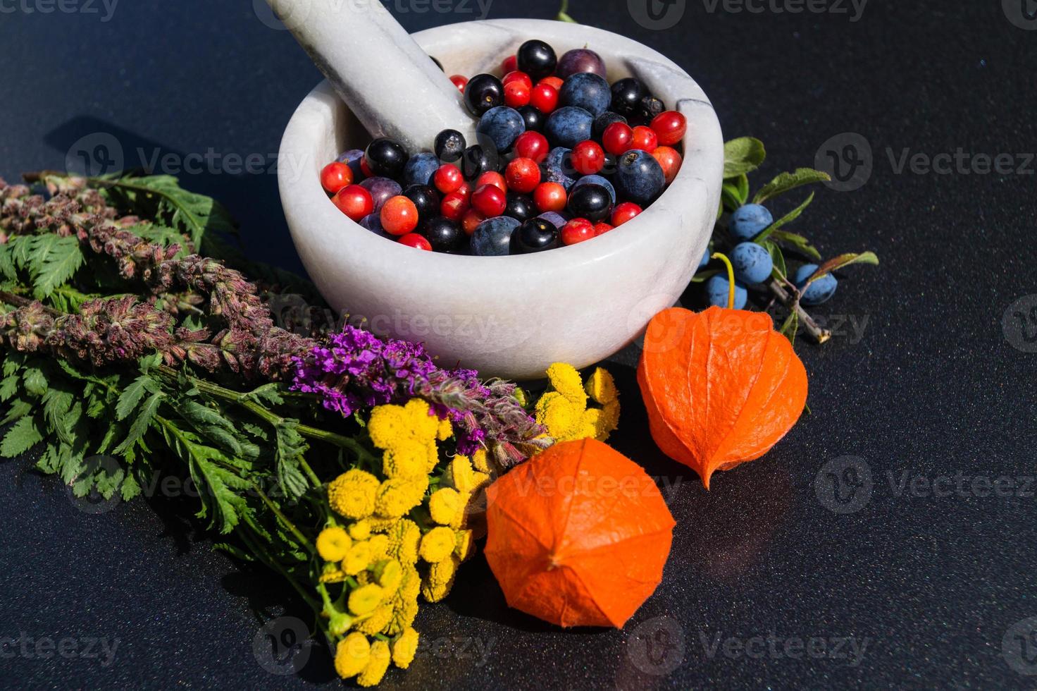 Medicina alternativa con hierbas farmacéuticas frutas y bayas. foto