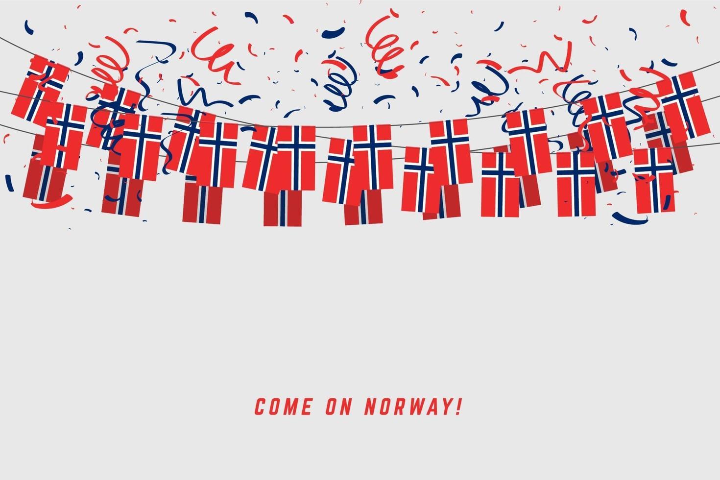 Norway garland flag with confetti on gray background. vector