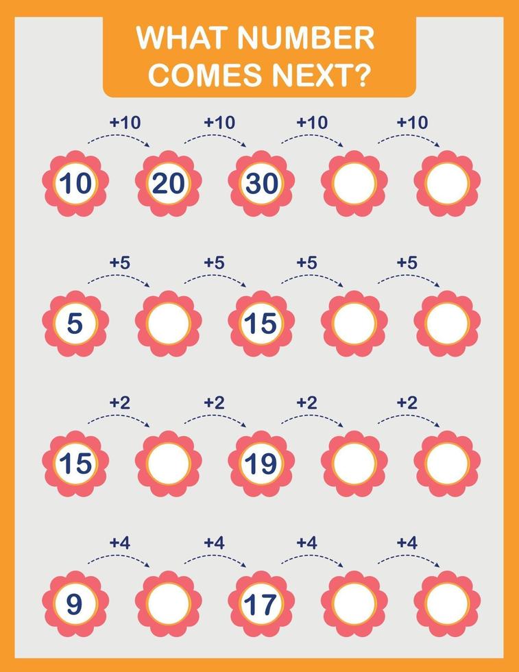 Math worksheet practice print page. What number comes next. vector