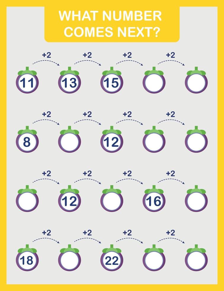 Math worksheet practice print page. What number comes next. vector