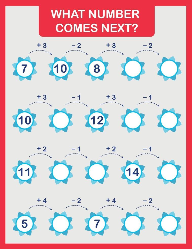 Math worksheet practice print page. What number comes next. vector