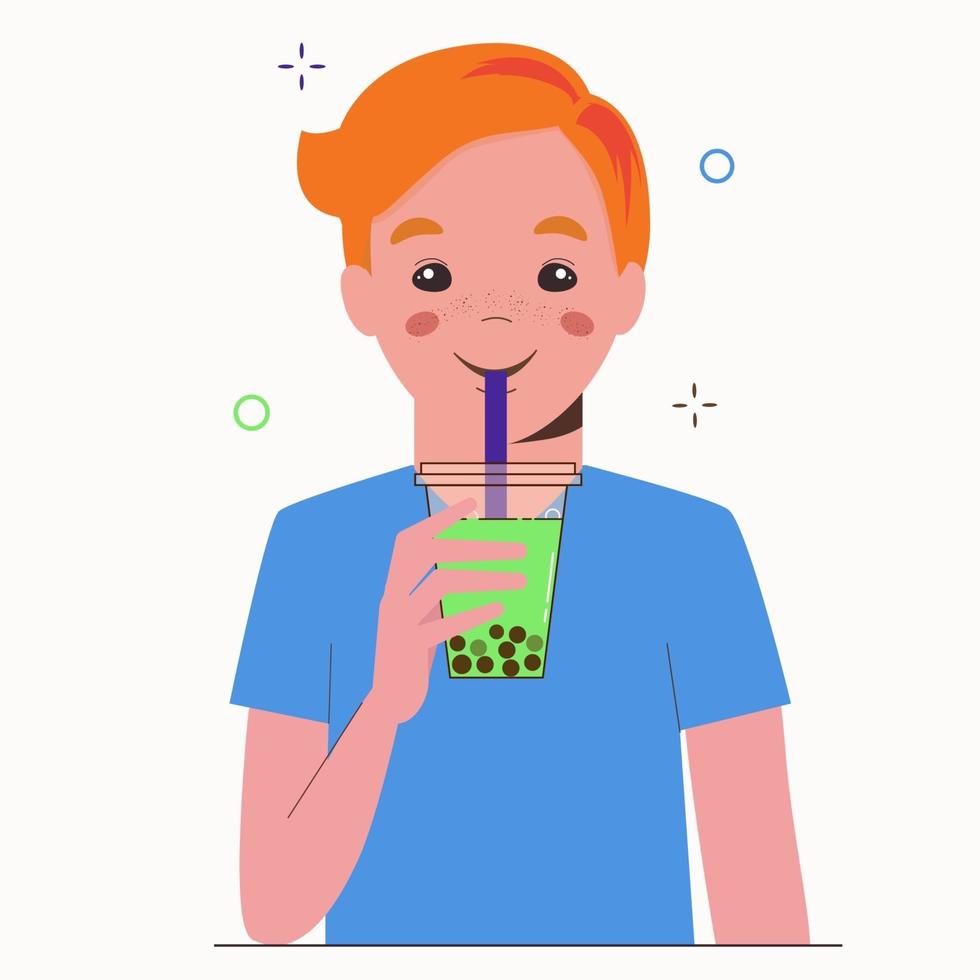 Young man drinks bubble milk tea or pearl milk tea. Taiwanese vector