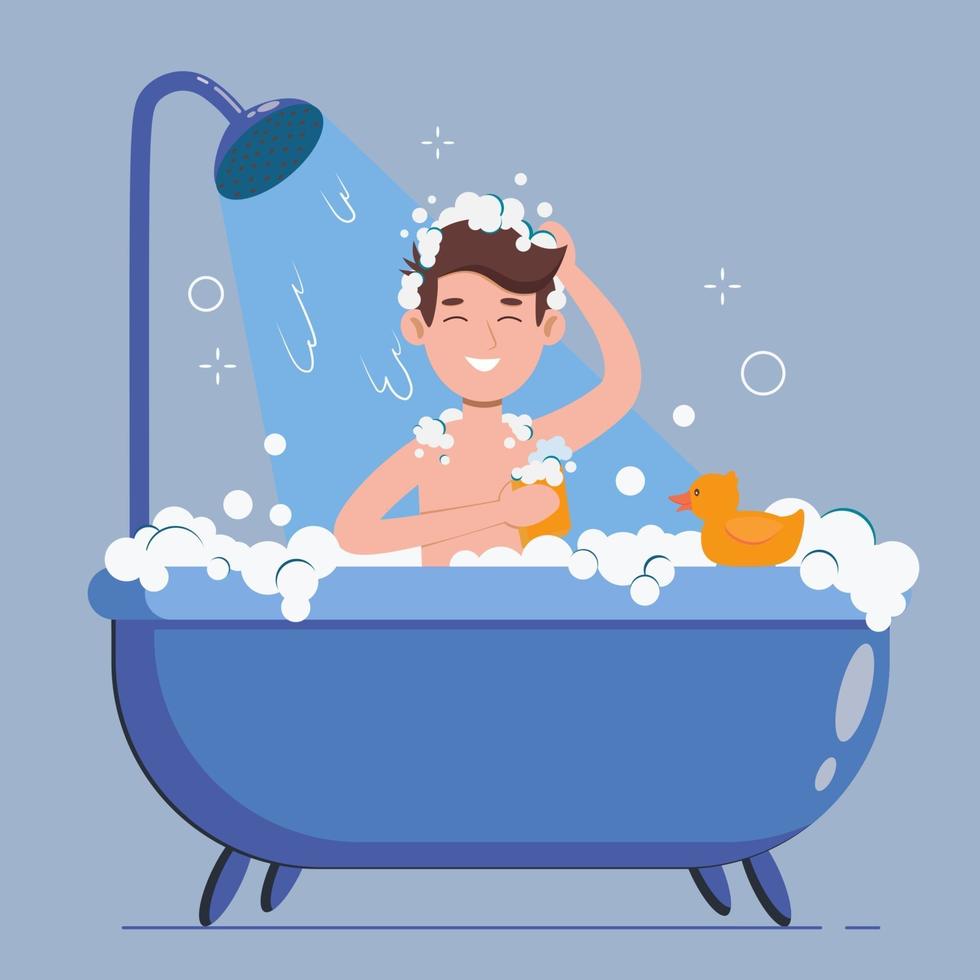 Man washes in the bathroom with rubber duck. He taking a shower vector