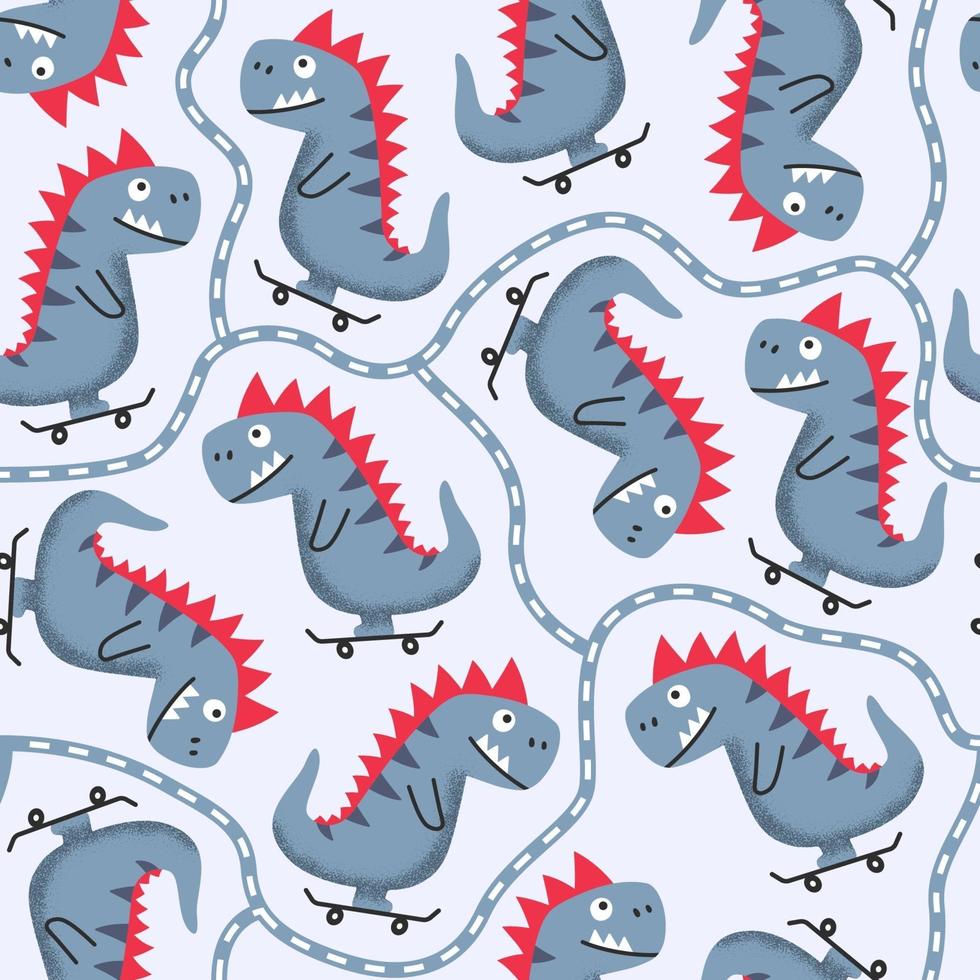 Seamless pattern with funny cheerful cartoon t-rex riding skateboard vector