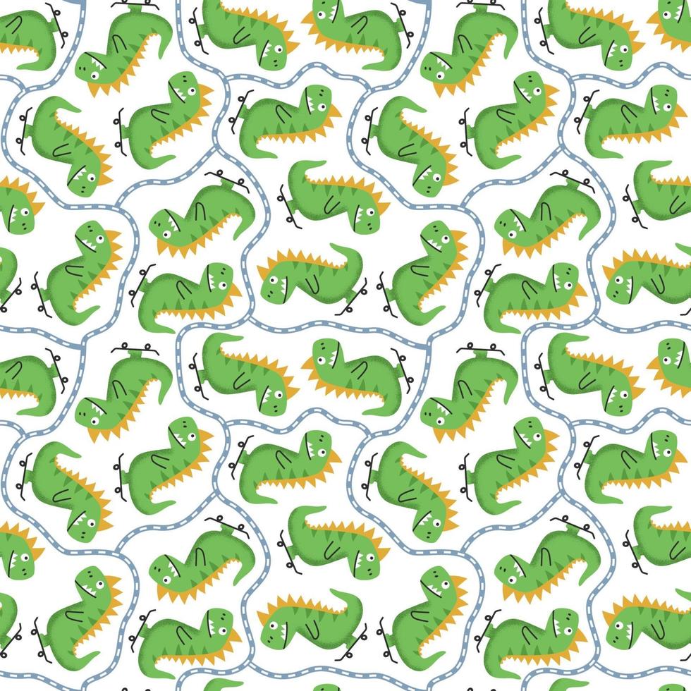 Seamless pattern with green cheerful dinosaur riding skateboard vector