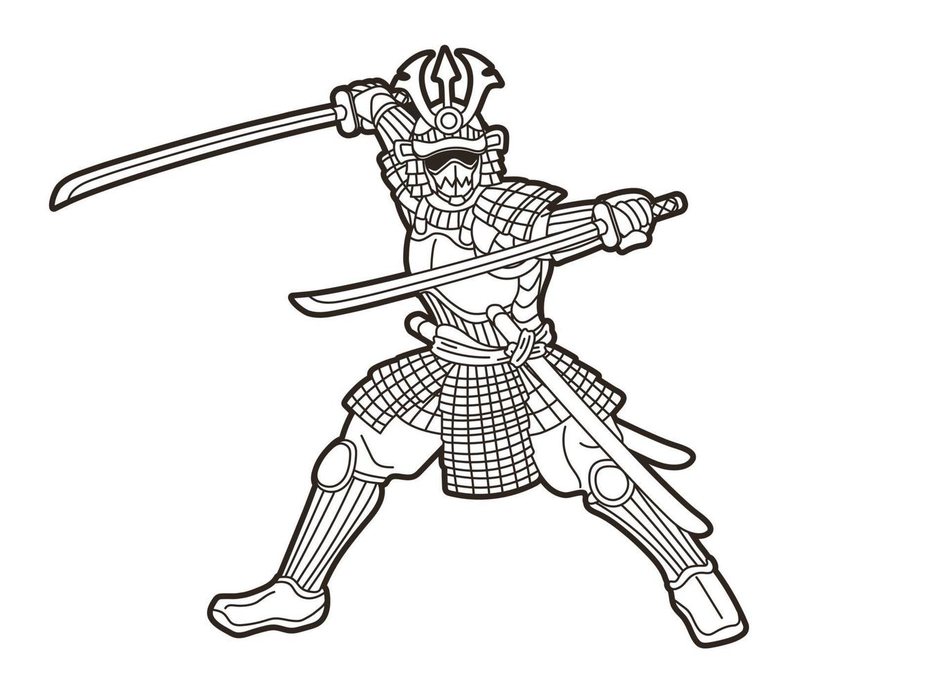 Guerrero samurai o ronin con armadura y contorno de arma. vector