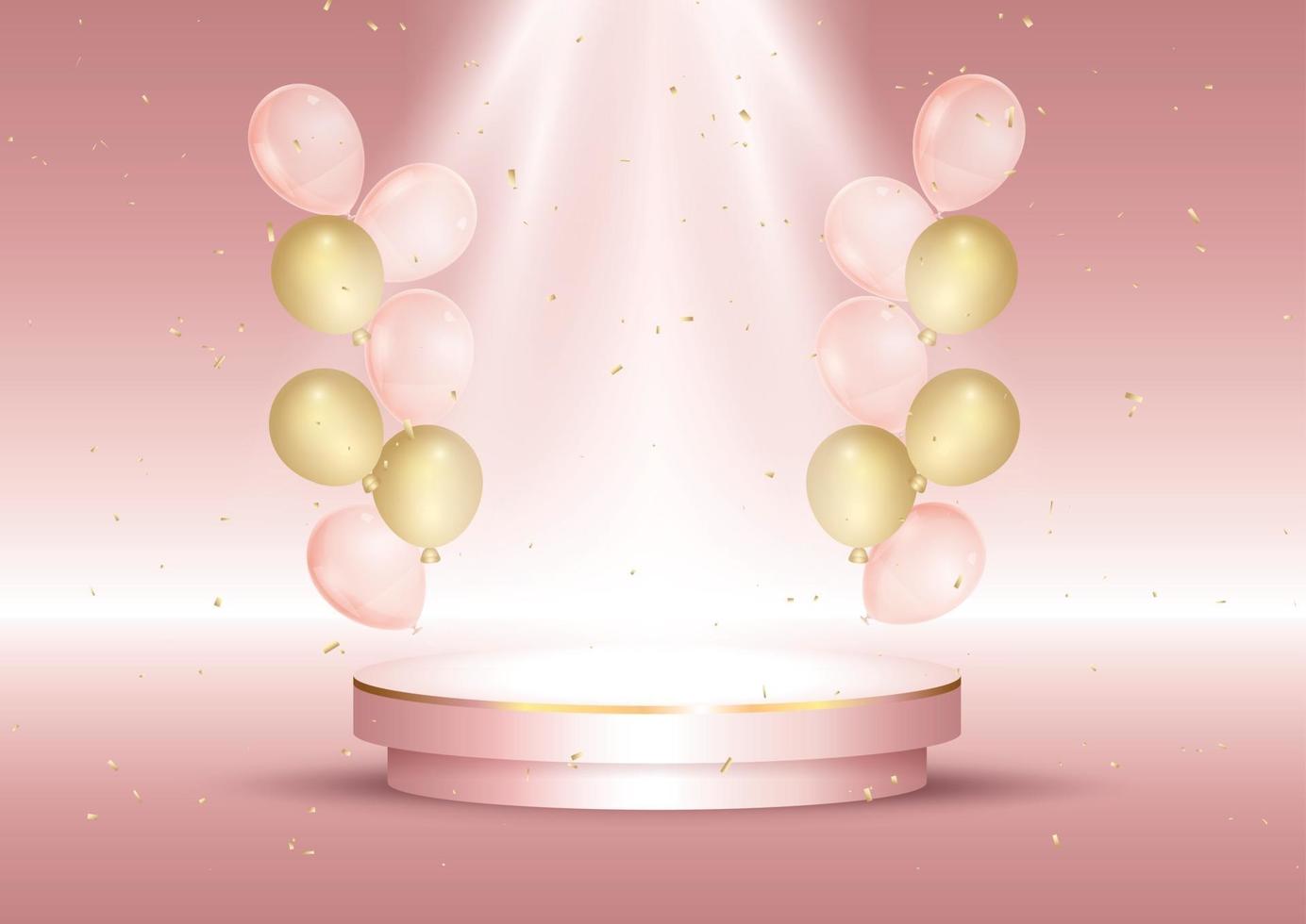 globos de colores pastel y podio de escenario rosa vector
