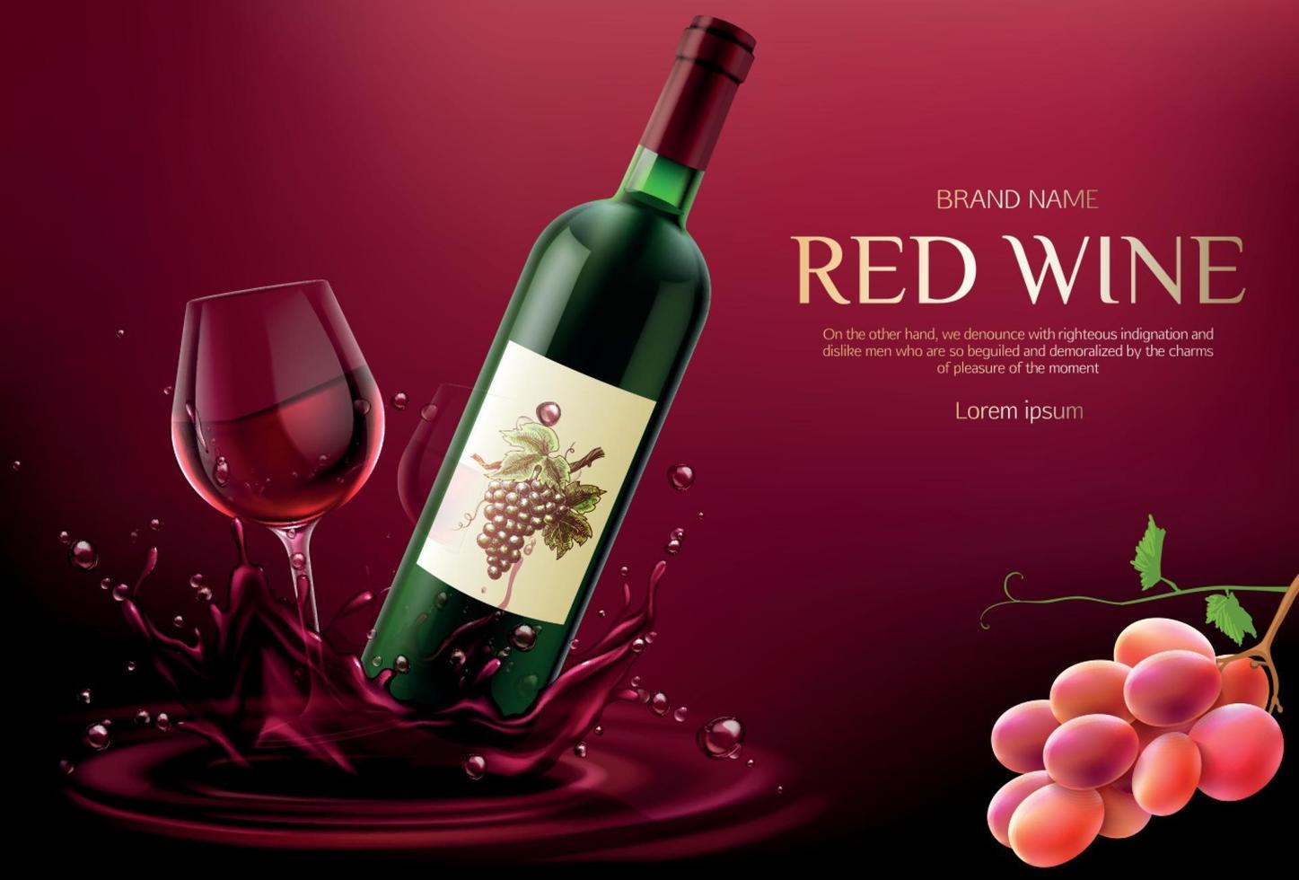 Red wine bottle and glass mockup. vector