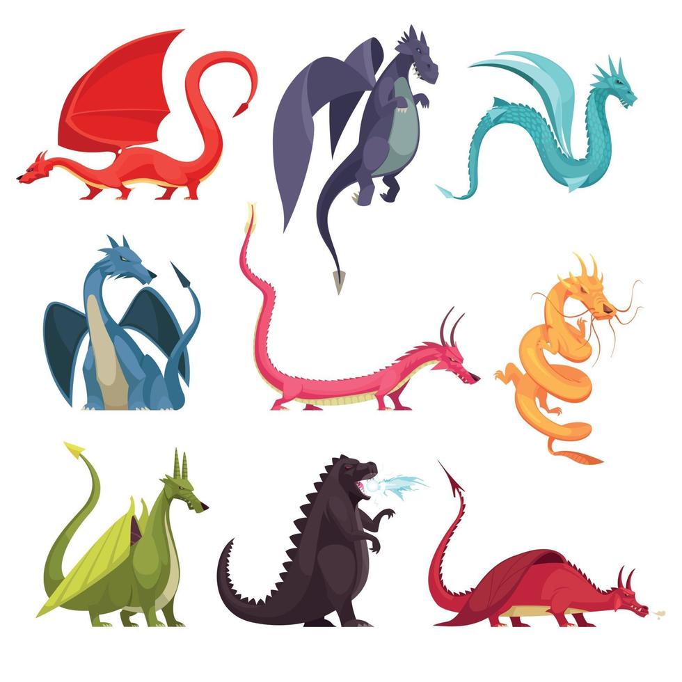Dragones monstruos conjunto de dibujos animados ilustración vectorial vector