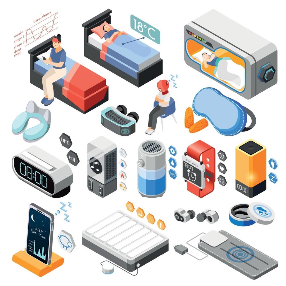 Hi-Tech Sleeping Isometric Icon Set Vector Illustration