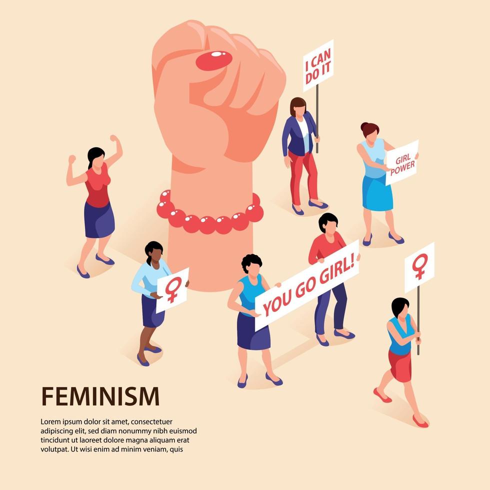 Ilustración de vector de composición de fondo isométrico de feminismo