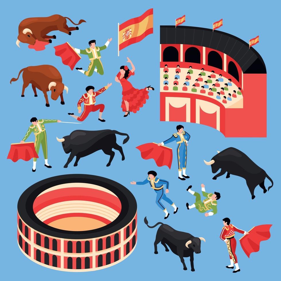 Isometric Bullfight Stadium Set Vector Illustration