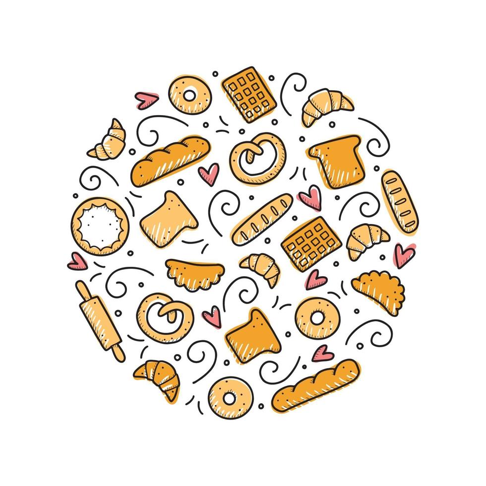 Hand drawn set of bakery and baking elements. Vector illustration.