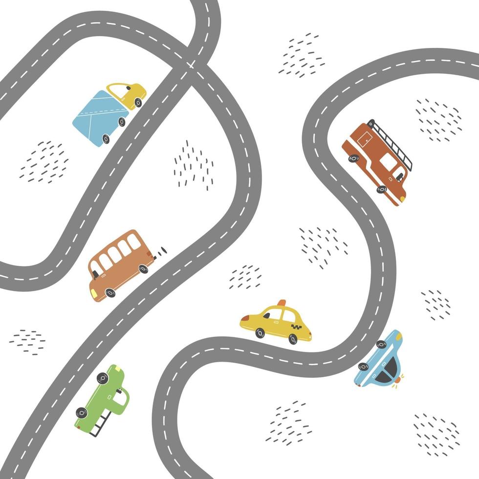 Kids city map of transport and road. Vector illustration.