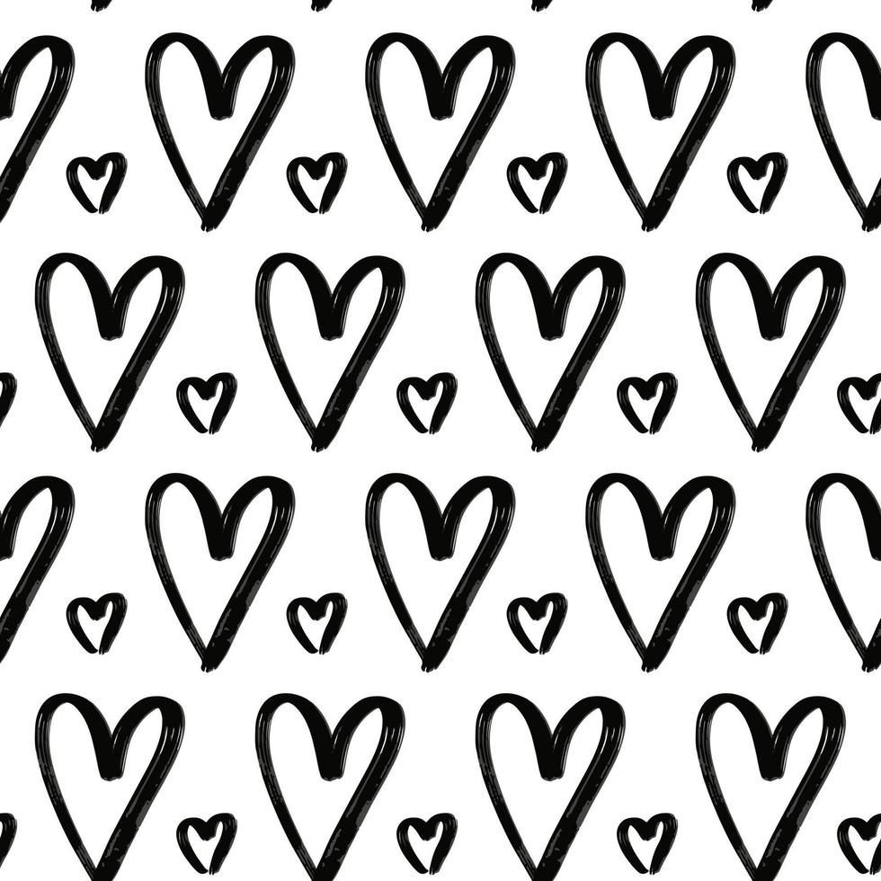 grunge corazones dibujados a mano de patrones sin fisuras con textura papel tapiz de tinta negra vector