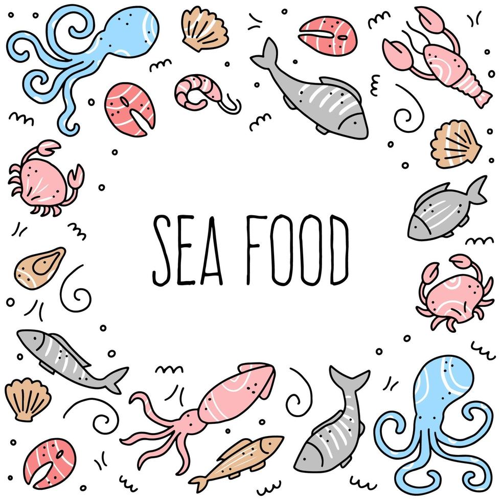 Hand drawn set of seafood elements. Doodle style vector illustration.