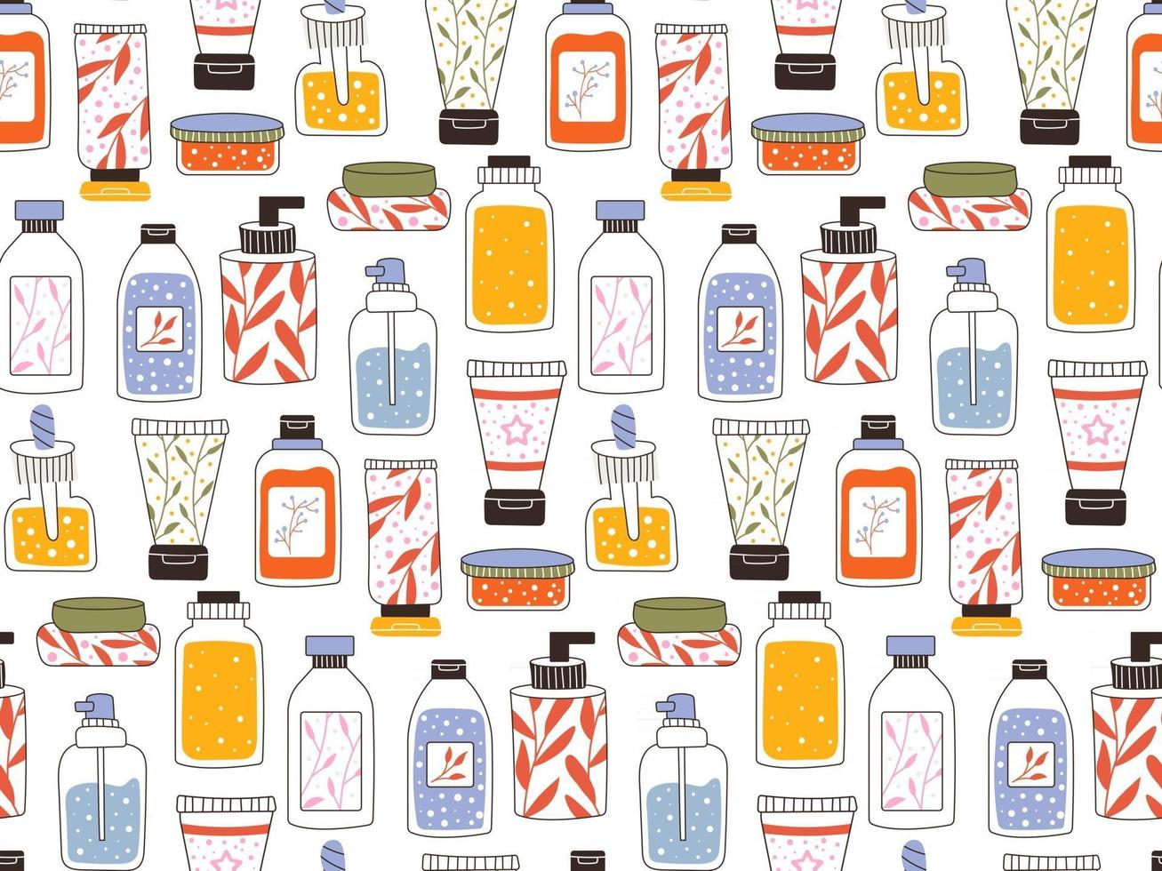 Seamless repeating pattern with cosmetics. A set of bottles and tubes vector