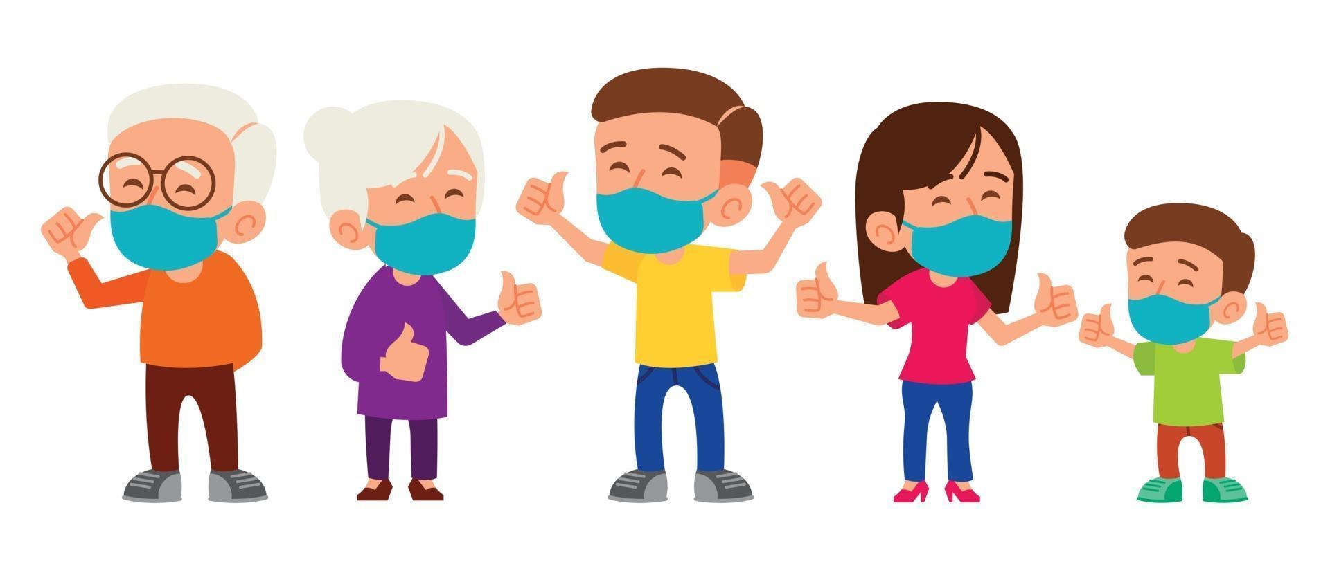 familia con abuelos, padres e hijos con mascarillas médicas vector