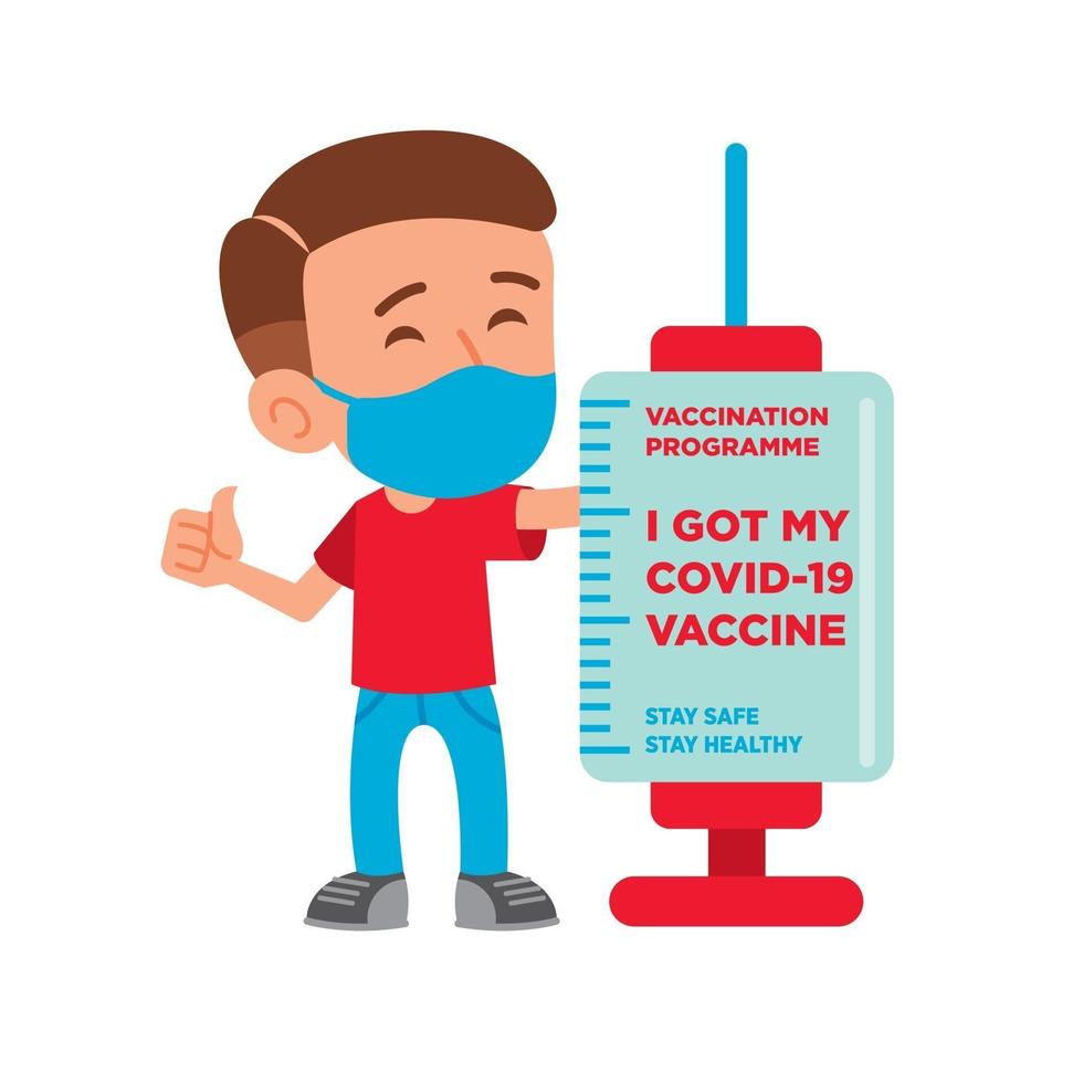 Vaccinated Man thumb up with vaccination campaign signboard vector