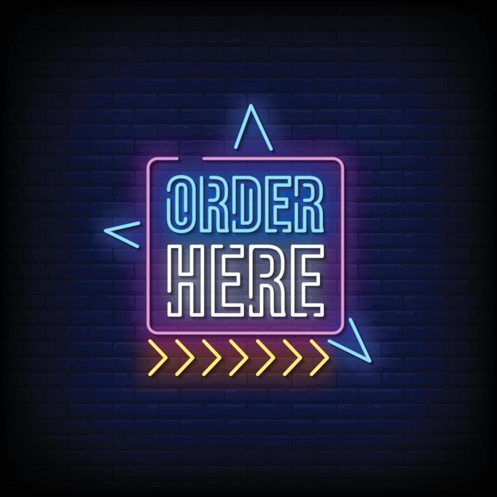 Order Here Neon Signboard On Brick Wall vector
