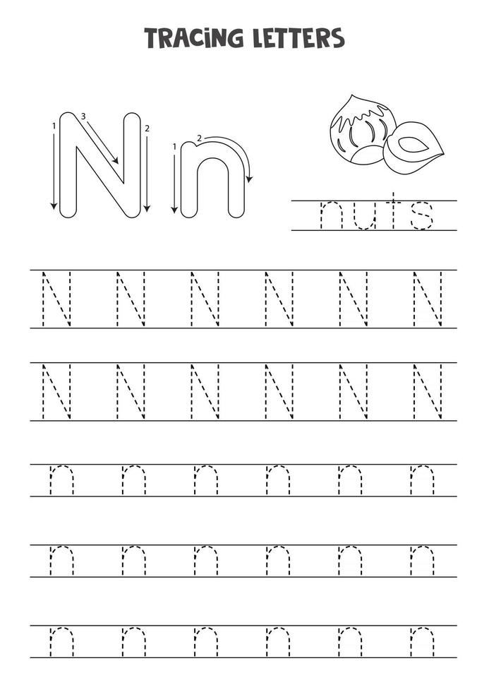 Tracing letters of English alphabet. Black and white worksheet. vector