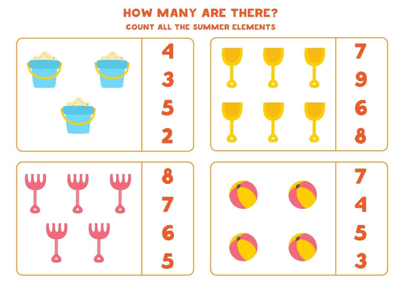 Counting game with cartoon summer elements. Math worksheet. vector