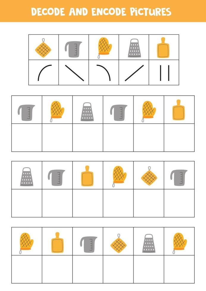 Decode and encode pictures. Write the symbols under kitchen utensils. vector