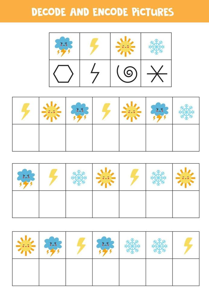 Decode and encode pictures. Write the symbols under weather pictures. vector