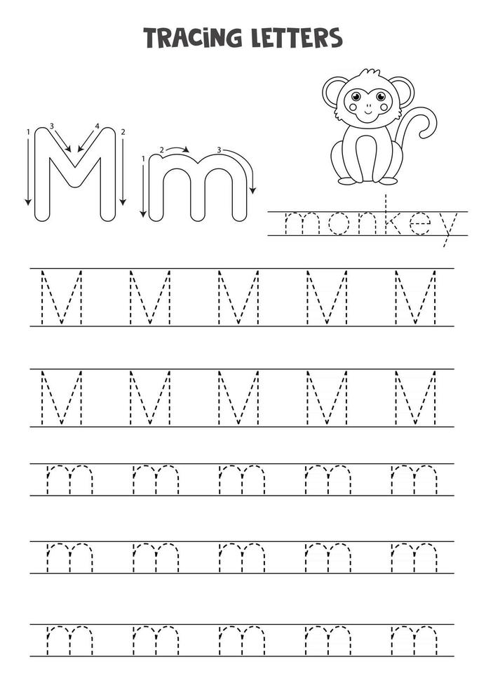 Tracing letters of English alphabet. Black and white worksheet. vector