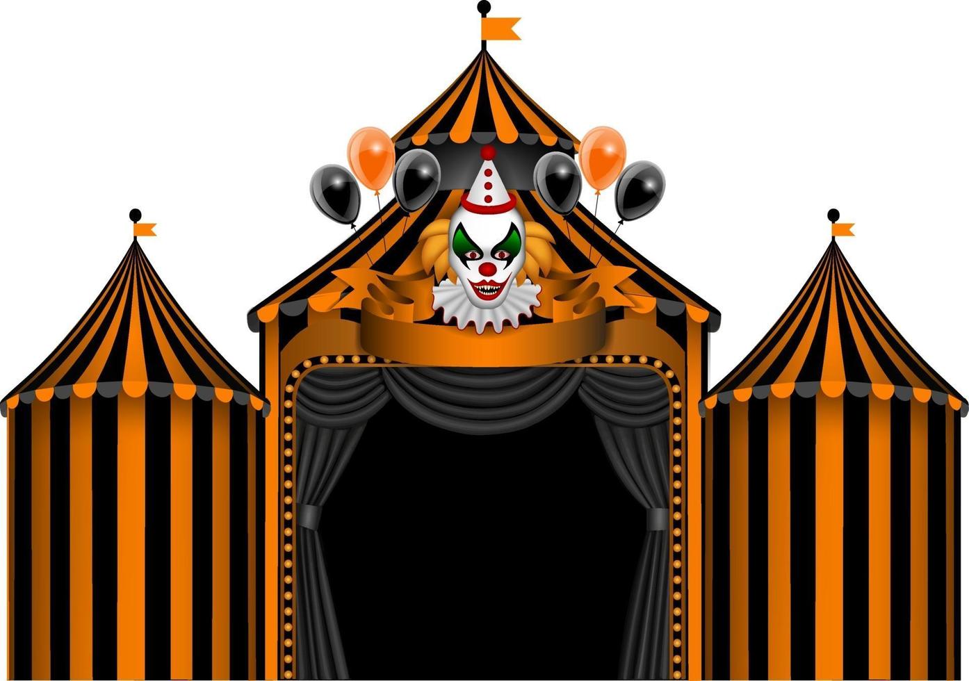 halloween circus with black and orange stripes and evil clown vector