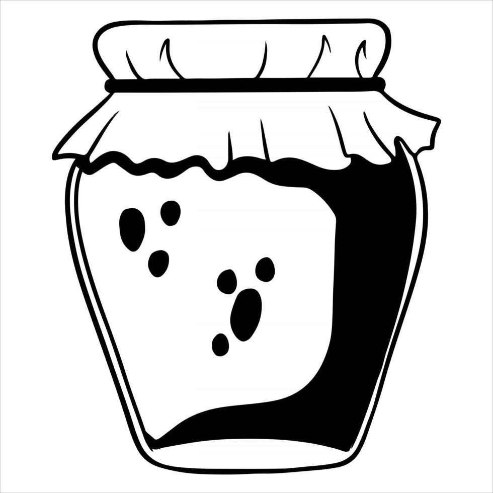 Jam in a glass jar with a decorated lid. Homemade jam. Line style. vector