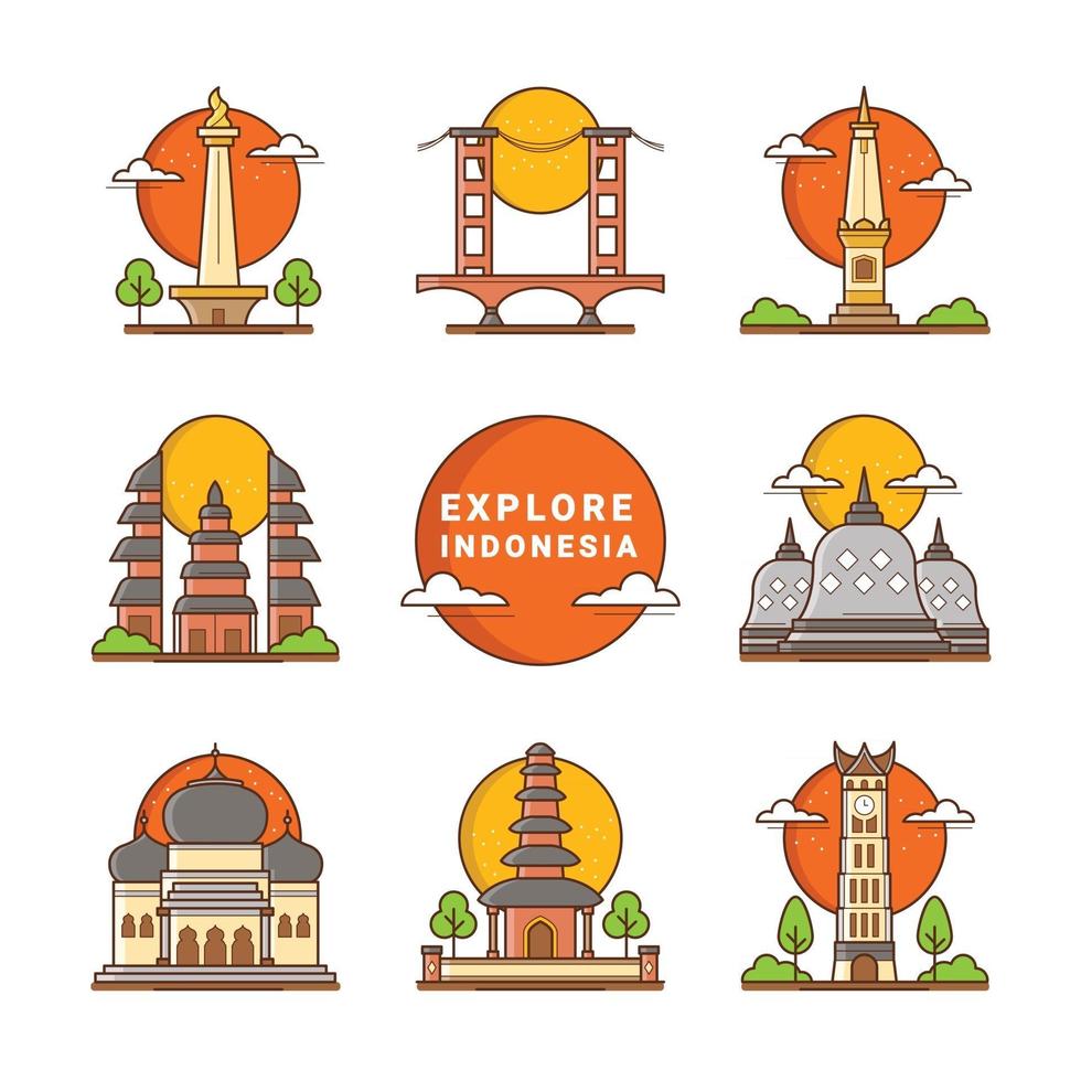 conjunto de iconos de hitos de indonesia vector