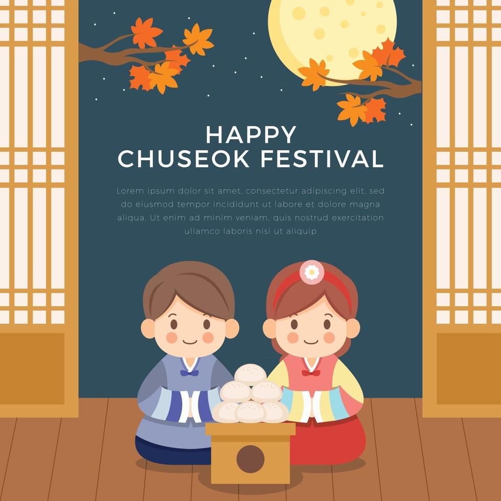 Couple Wearing Traditional Chuseokbim Clothes Celebrating Mid Autumn vector