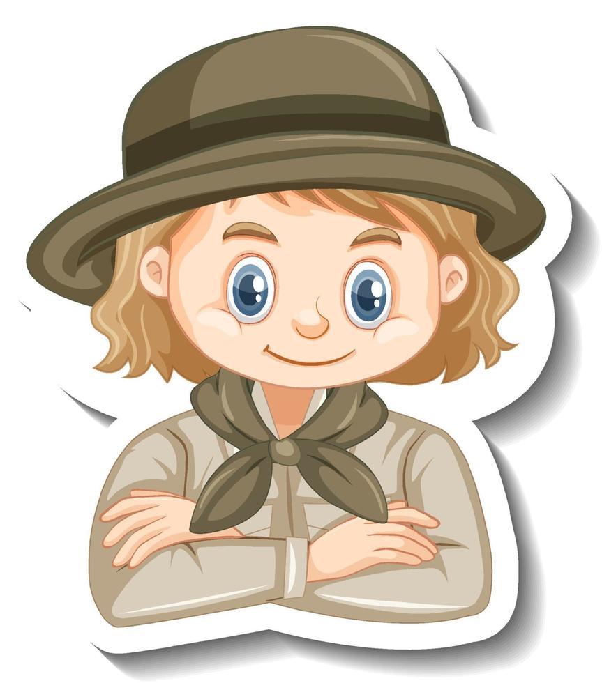 Girl in safari outfit cartoon character sticker vector