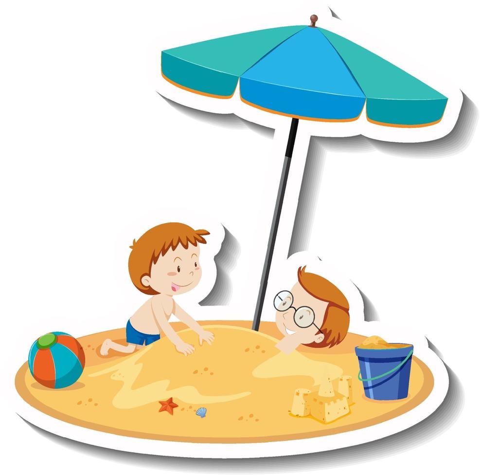 Kids playing at the beach cartoon sticker vector