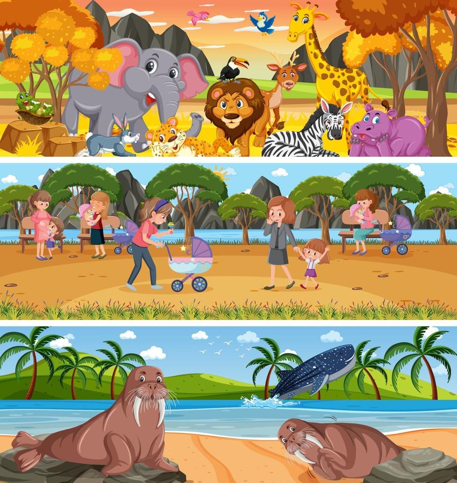 paisaje de naturaleza diferente en la escena diurna con personaje de dibujos animados vector