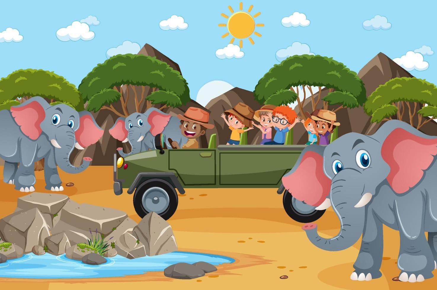 Safari scene with kids on tourist car watching elephant group vector