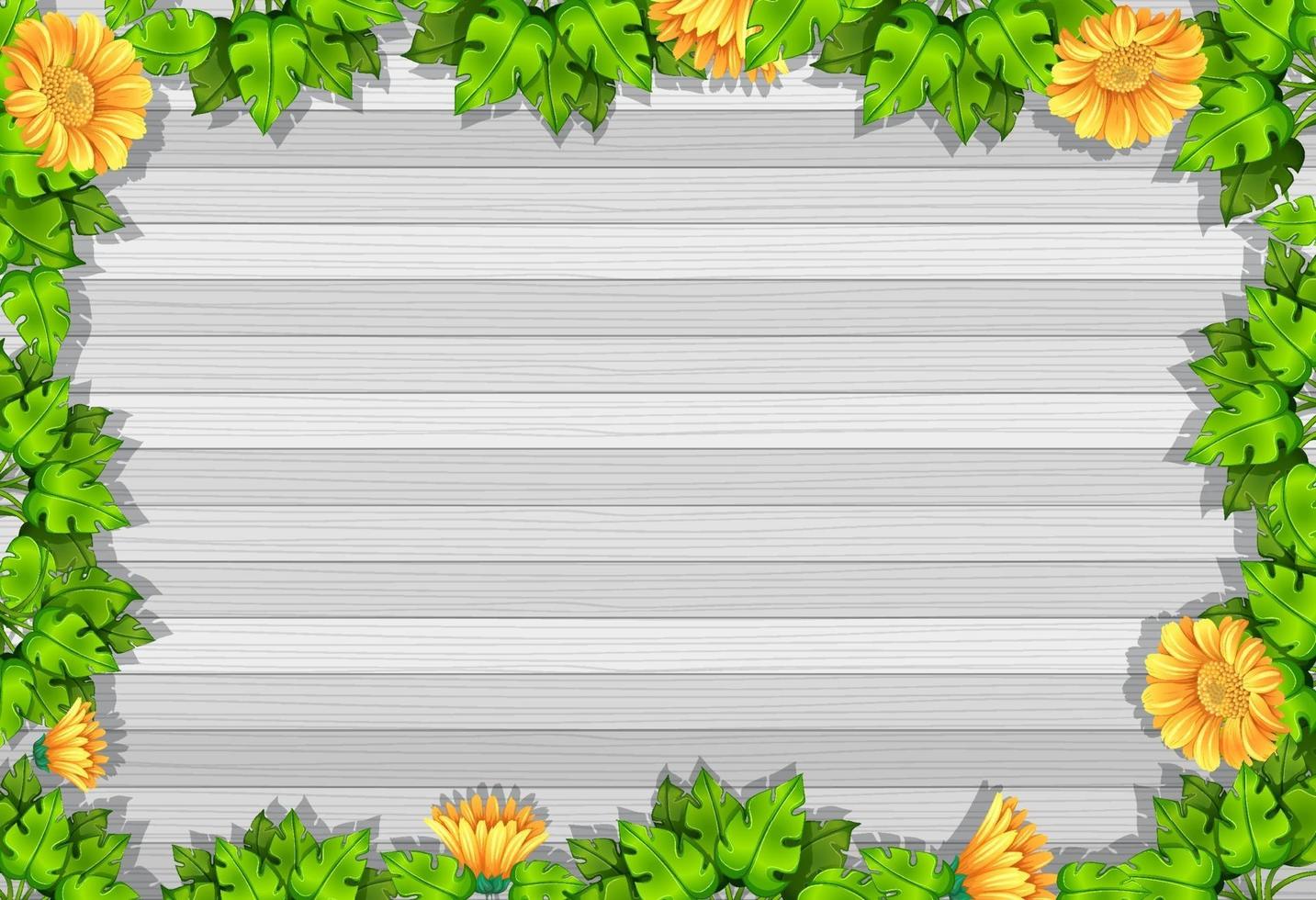 Top view of blank wooden table with leaves and yellow flower elements vector