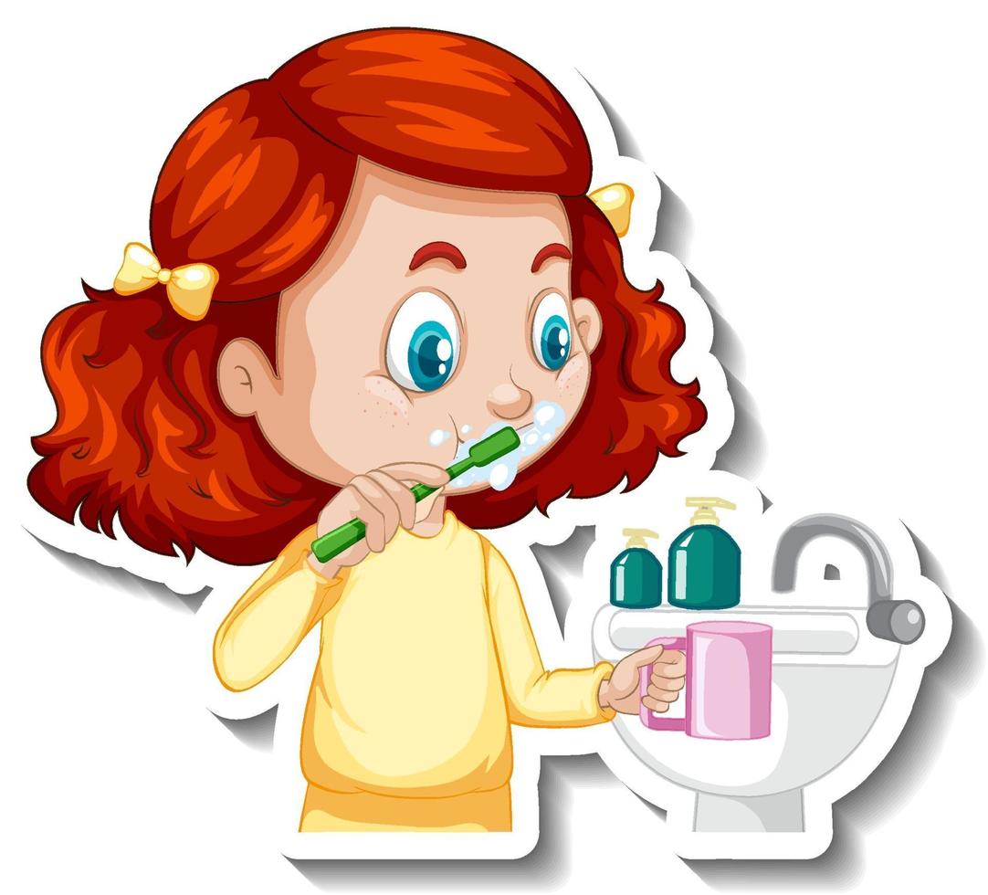 Cartoon character sticker with a girl brushing teeth vector