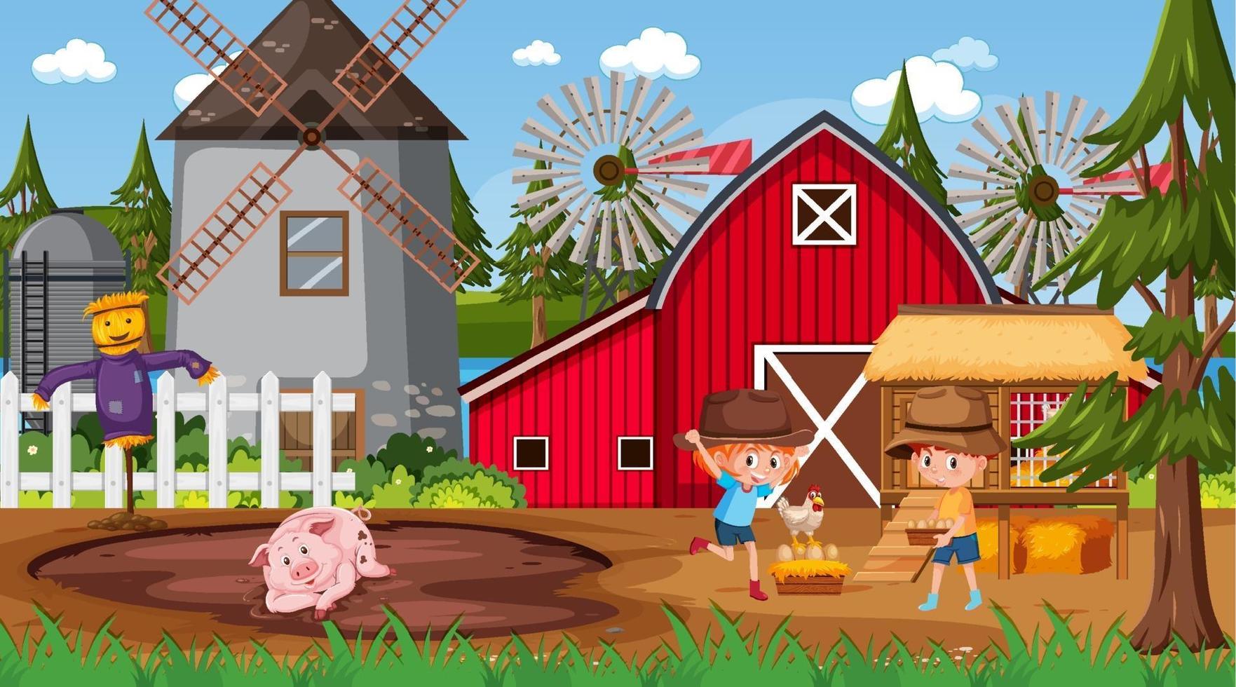 escena de la granja con muchos niños personajes de dibujos animados y animales de granja vector