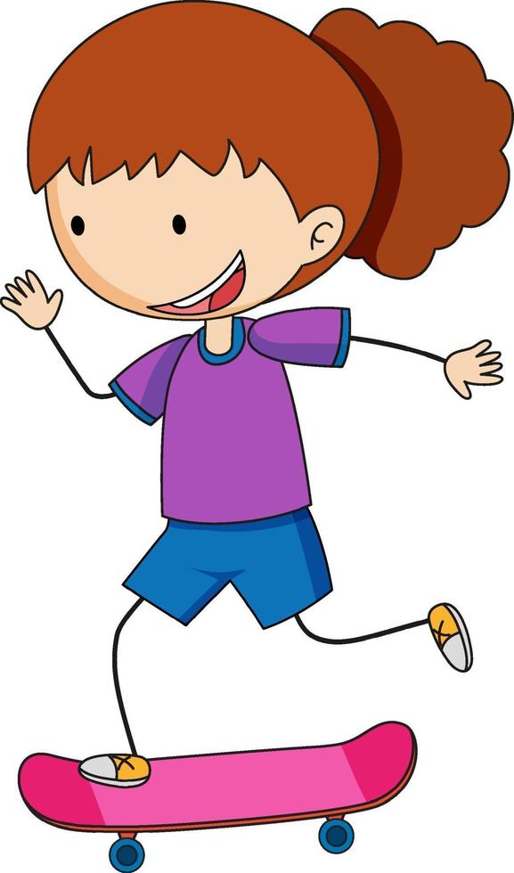 Doodle personaje de dibujos animados de una niña jugando patineta vector