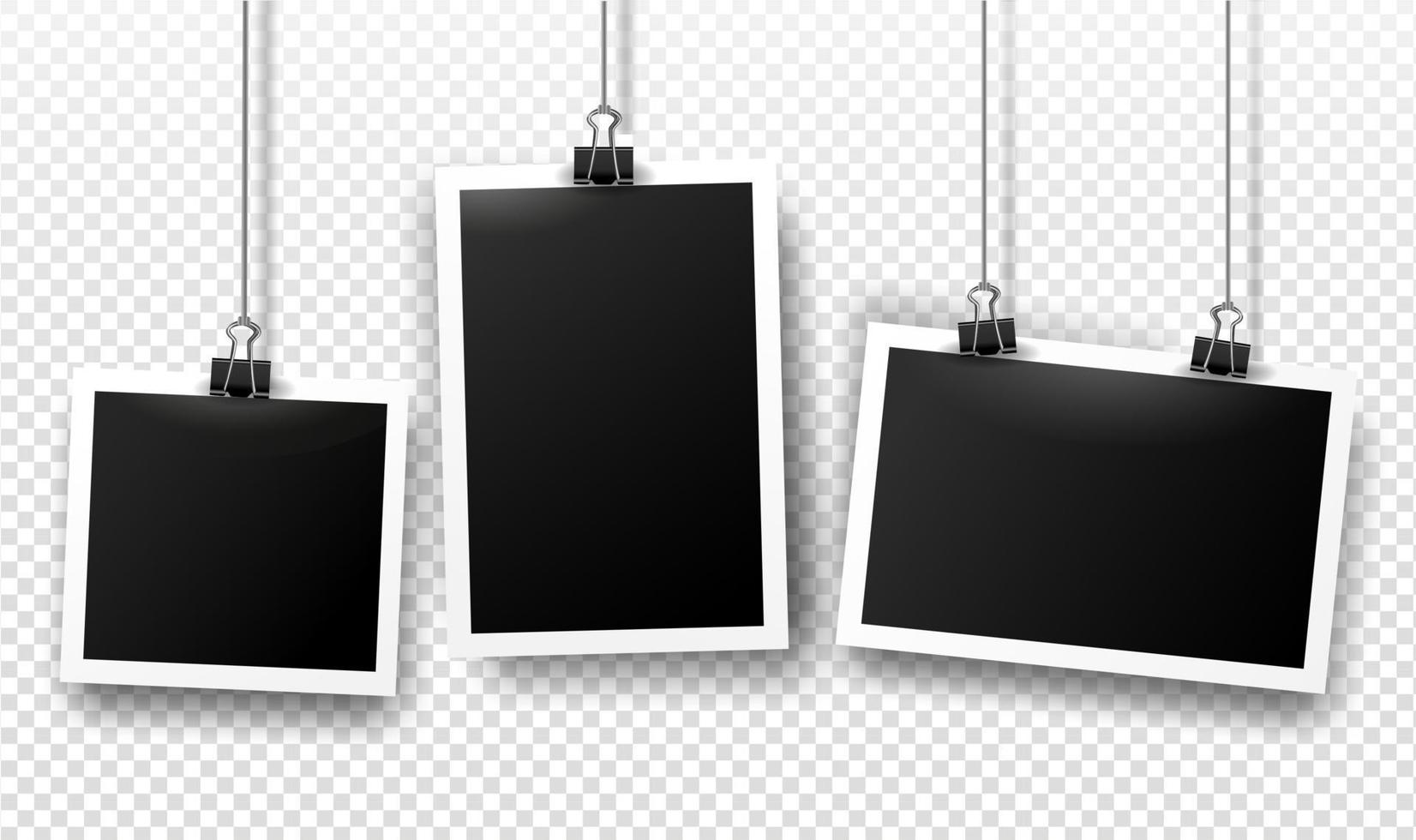 Photo frames hanging on binder clips with shadows. Vector templates