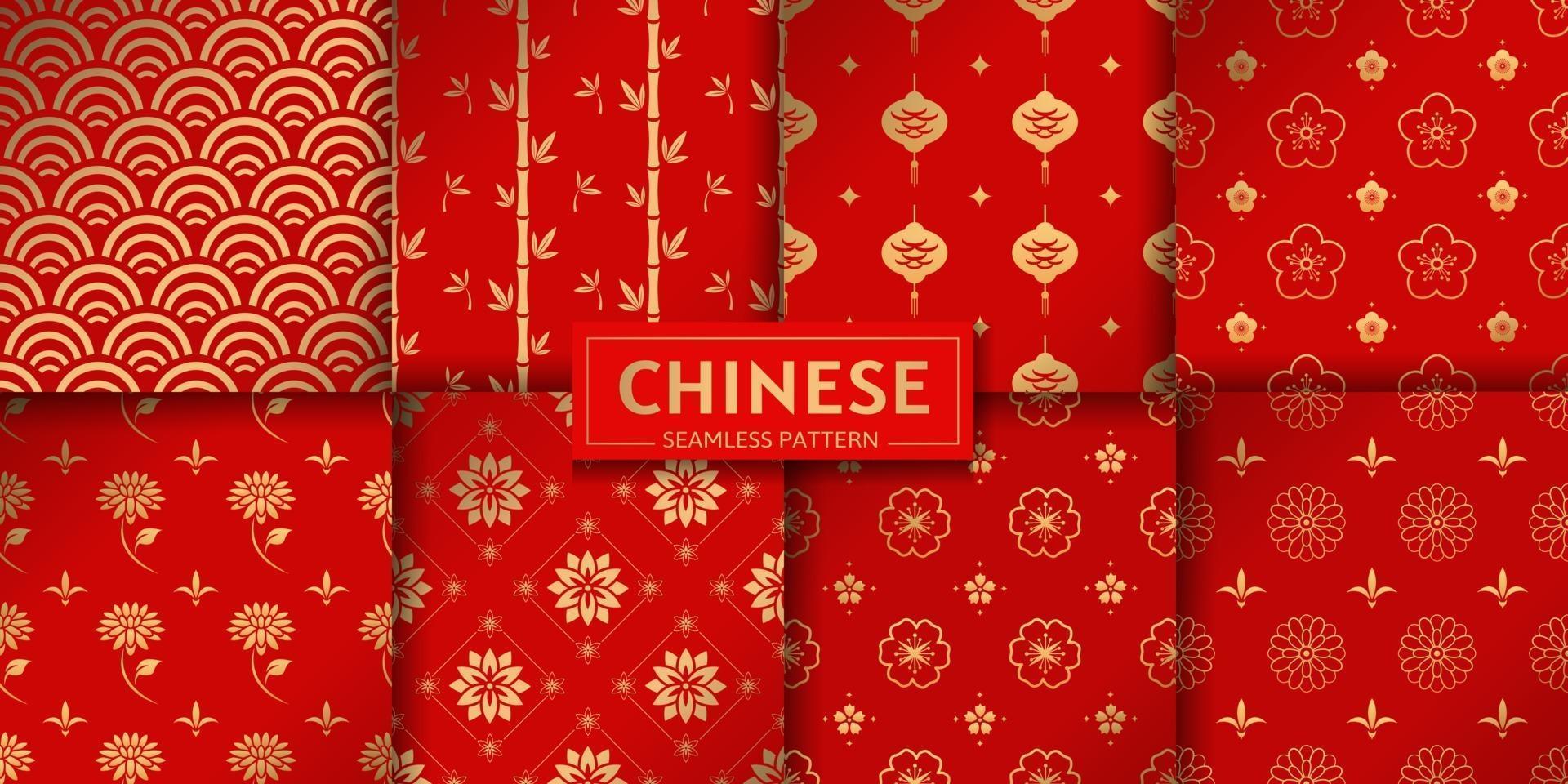 Chinese seamless pattern. Vector set. Floral, marine, geometric