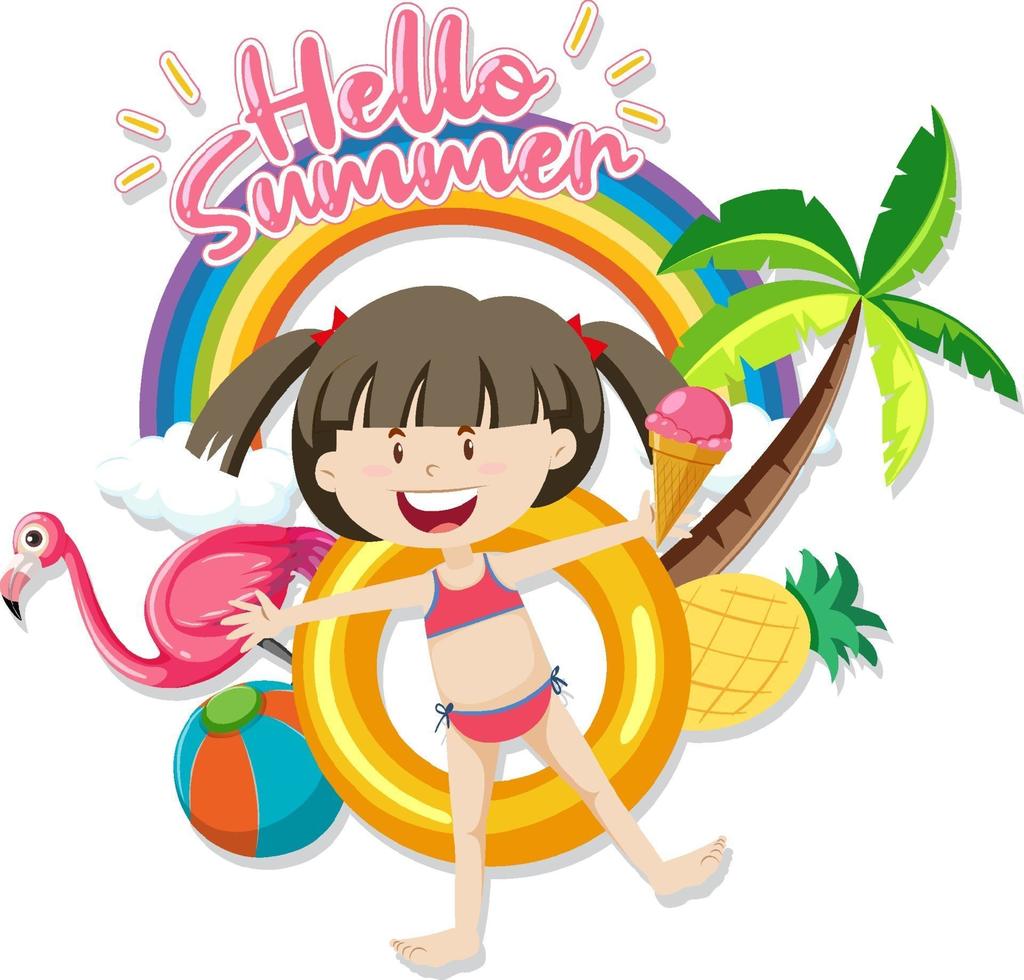 Hello Summer font with a girl and beach items isolated vector