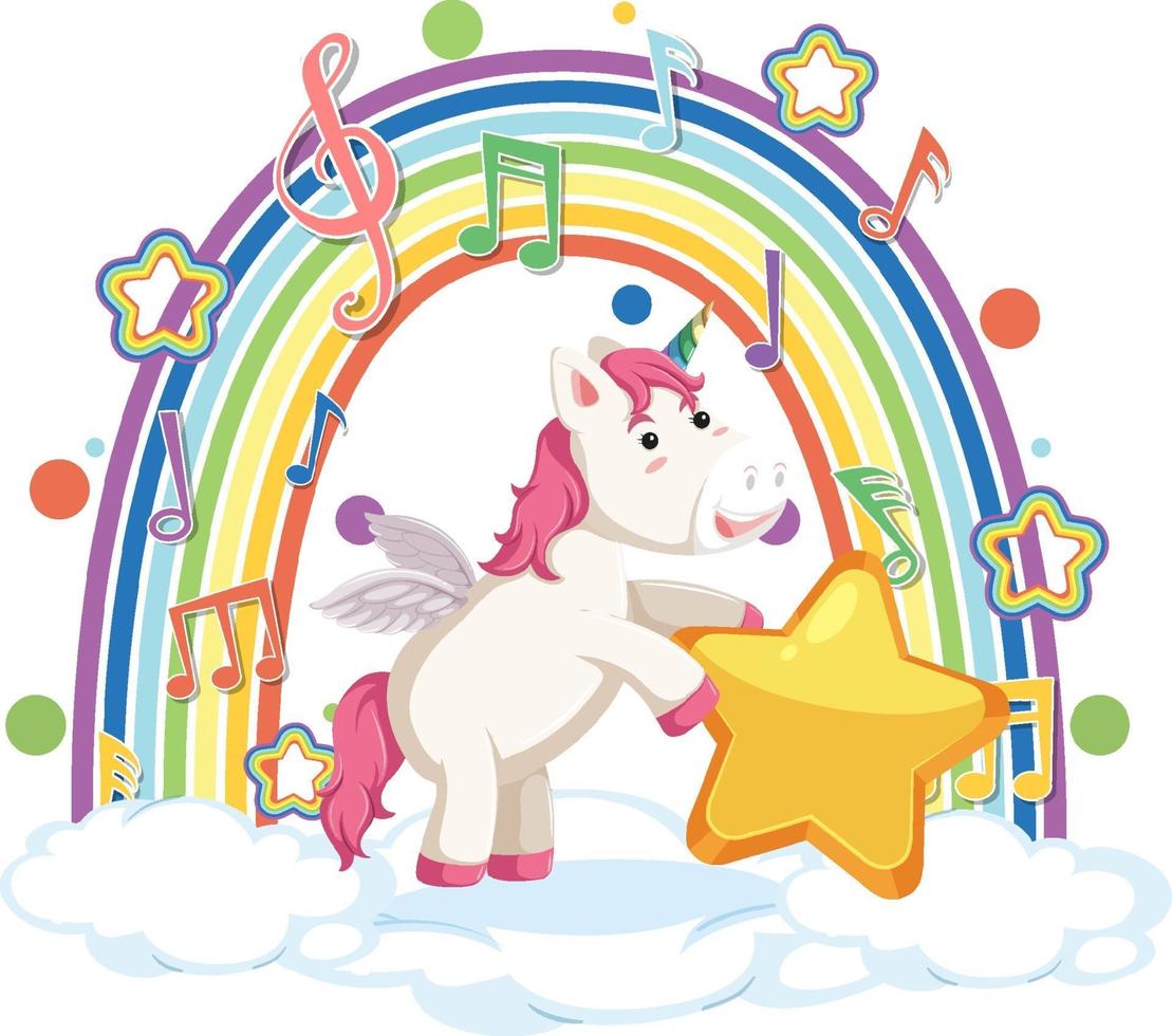 Unicorn standing on cloud with rainbow and melody symbol vector