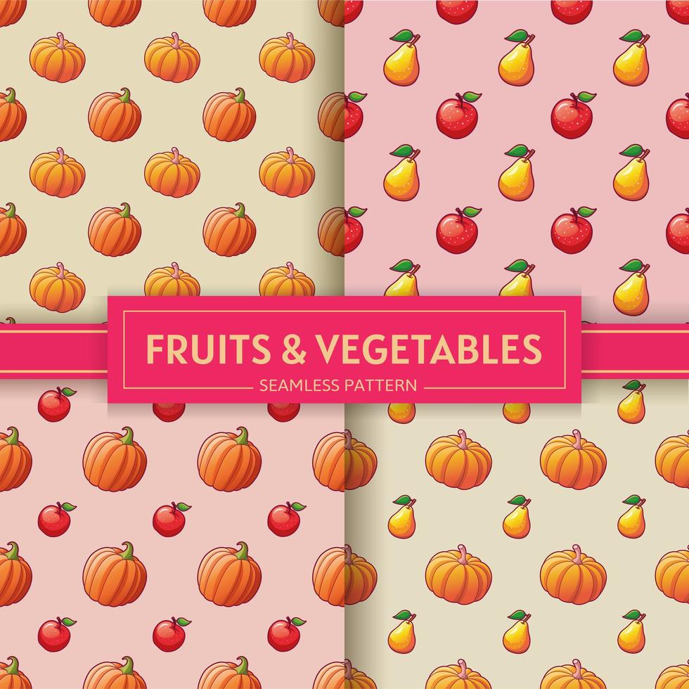 Fruits and vegetables. Seamless patterns with pumpkins, apples, pears vector